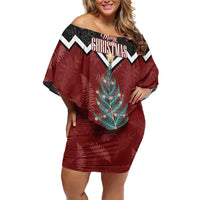 Personalised New Zealand Christmas Family Matching Off Shoulder Short Dress and Hawaiian Shirt Xmas Fern and Kiwi Birds LT7 Mom's Dress Black - Polynesian Pride