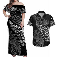 Aotearoa Personalized Lawn Bowls Maori Couples Matching Off Shoulder Maxi Dress and Hawaiian Shirt New Zealand Black Tribal Silver Fern LT7 Black - Polynesian Pride