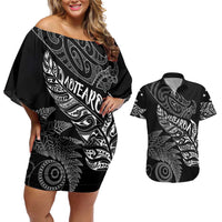 Aotearoa Personalized Lawn Bowls Maori Couples Matching Off Shoulder Short Dress and Hawaiian Shirt New Zealand Black Tribal Silver Fern LT7 Black - Polynesian Pride