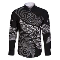 Aotearoa Personalized Lawn Bowls Maori Family Matching Off The Shoulder Long Sleeve Dress and Hawaiian Shirt New Zealand Black Tribal Silver Fern LT7 Dad's Shirt - Long Sleeve Black - Polynesian Pride