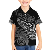 Aotearoa Personalized Lawn Bowls Maori Family Matching Off The Shoulder Long Sleeve Dress and Hawaiian Shirt New Zealand Black Tribal Silver Fern LT7 Son's Shirt Black - Polynesian Pride