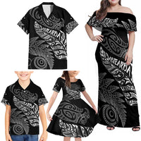Aotearoa Personalized Lawn Bowls Maori Family Matching Off Shoulder Maxi Dress and Hawaiian Shirt New Zealand Black Tribal Silver Fern - Polynesian Pride
