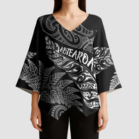 Aotearoa Personalized Lawn Bowls Maori Kimono Sleeve Blouse New Zealand Black Tribal Silver Fern - Polynesian Pride