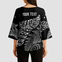 Aotearoa Personalized Lawn Bowls Maori Kimono Sleeve Blouse New Zealand Black Tribal Silver Fern - Polynesian Pride
