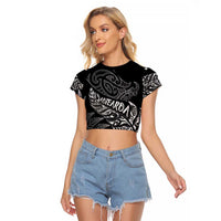 Aotearoa Personalized Lawn Bowls Maori Raglan Cropped T Shirt New Zealand Black Tribal Silver Fern LT7 Female Black - Polynesian Pride
