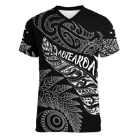 Aotearoa Personalized Lawn Bowls Maori Women V-Neck T-Shirt New Zealand Black Tribal Silver Fern LT7 Female Black - Polynesian Pride