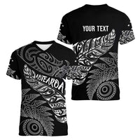 Aotearoa Personalized Lawn Bowls Maori Women V-Neck T-Shirt New Zealand Black Tribal Silver Fern LT7 - Polynesian Pride