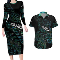 Aotearoa Personalized Lawn Bowls Maori Couples Matching Long Sleeve Bodycon Dress and Hawaiian Shirt New Zealand Paua Shell Tribal Silver Fern LT7 Green - Polynesian Pride
