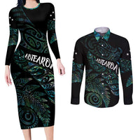 Aotearoa Personalized Lawn Bowls Maori Couples Matching Long Sleeve Bodycon Dress and Long Sleeve Button Shirt New Zealand Paua Shell Tribal Silver Fern - Polynesian Pride
