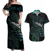 Aotearoa Personalized Lawn Bowls Maori Couples Matching Off Shoulder Maxi Dress and Hawaiian Shirt New Zealand Paua Shell Tribal Silver Fern - Polynesian Pride