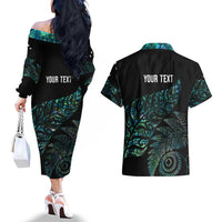 Aotearoa Personalized Lawn Bowls Maori Couples Matching Off The Shoulder Long Sleeve Dress and Hawaiian Shirt New Zealand Paua Shell Tribal Silver Fern LT7 - Polynesian Pride
