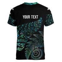 Aotearoa Personalized Lawn Bowls Maori Women V-Neck T-Shirt New Zealand Paua Shell Tribal Silver Fern LT7 - Polynesian Pride