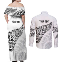 Aotearoa Personalized Lawn Bowls Maori Couples Matching Off Shoulder Maxi Dress and Long Sleeve Button Shirt New Zealand White Tribal Silver Fern - Polynesian Pride