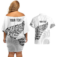 Aotearoa Personalized Lawn Bowls Maori Couples Matching Off Shoulder Short Dress and Hawaiian Shirt New Zealand White Tribal Silver Fern - Polynesian Pride