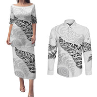 Aotearoa Personalized Lawn Bowls Maori Couples Matching Puletasi and Long Sleeve Button Shirt New Zealand White Tribal Silver Fern - Polynesian Pride