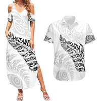 Aotearoa Personalized Lawn Bowls Maori Couples Matching Summer Maxi Dress and Hawaiian Shirt New Zealand White Tribal Silver Fern - Polynesian Pride