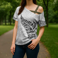 Aotearoa Personalized Lawn Bowls Maori Cross Shoulder Shirt New Zealand White Tribal Silver Fern - Polynesian Pride