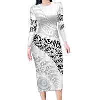 Aotearoa Personalized Lawn Bowls Maori Family Matching Long Sleeve Bodycon Dress and Hawaiian Shirt New Zealand White Tribal Silver Fern LT7 Mom's Dress White - Polynesian Pride