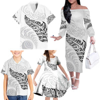 Aotearoa Personalized Lawn Bowls Maori Family Matching Off The Shoulder Long Sleeve Dress and Hawaiian Shirt New Zealand White Tribal Silver Fern - Polynesian Pride