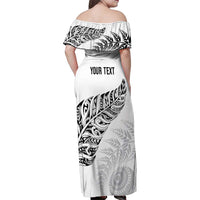 Aotearoa Personalized Lawn Bowls Maori Family Matching Off Shoulder Maxi Dress and Hawaiian Shirt New Zealand White Tribal Silver Fern - Polynesian Pride