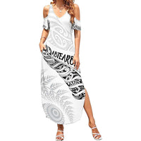 Aotearoa Personalized Lawn Bowls Maori Family Matching Summer Maxi Dress and Hawaiian Shirt New Zealand White Tribal Silver Fern LT7 Mom's Dress White - Polynesian Pride