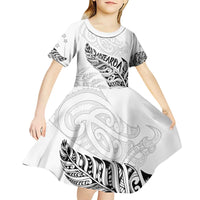 Aotearoa Personalized Lawn Bowls Maori Kid Short Sleeve Dress New Zealand White Tribal Silver Fern - Polynesian Pride
