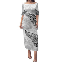 Aotearoa Personalized Lawn Bowls Maori Puletasi New Zealand White Tribal Silver Fern LT7 Long Dress White - Polynesian Pride