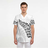 Aotearoa Personalized Lawn Bowls Maori Scrub Top New Zealand White Tribal Silver Fern - Polynesian Pride