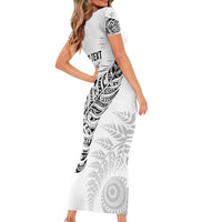 Aotearoa Personalized Lawn Bowls Maori Short Sleeve Bodycon Dress New Zealand White Tribal Silver Fern - Polynesian Pride