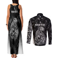 Personalised Maori Waitangi Couples Matching Tank Maxi Dress and Long Sleeve Button Shirt New Zealand Silver Fern Mix Kowhai Flowers LT7 - Polynesian Pride