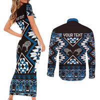 Personalised Taniko Motifs Aotearoa Couples Matching Short Sleeve Bodycon Dress and Long Sleeve Button Shirt Waitangi Kowhaiwhai Kiwi - Blue