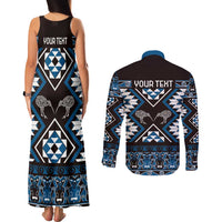 Personalised Taniko Motifs Aotearoa Couples Matching Tank Maxi Dress and Long Sleeve Button Shirt Waitangi Kowhaiwhai Kiwi - Blue
