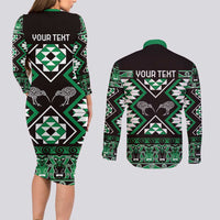 Personalised Taniko Motifs Aotearoa Couples Matching Long Sleeve Bodycon Dress and Long Sleeve Button Shirt Waitangi Kowhaiwhai Kiwi - Green