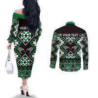 Personalised Taniko Motifs Aotearoa Couples Matching Off The Shoulder Long Sleeve Dress and Long Sleeve Button Shirt Waitangi Kowhaiwhai Kiwi - Green