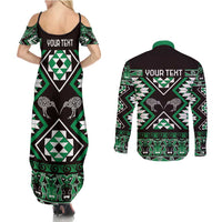 Personalised Taniko Motifs Aotearoa Couples Matching Summer Maxi Dress and Long Sleeve Button Shirt Waitangi Kowhaiwhai Kiwi - Green