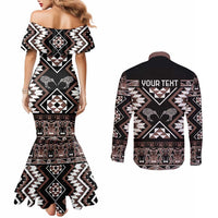 Personalised Taniko Motifs Aotearoa Couples Matching Mermaid Dress and Long Sleeve Button Shirt Waitangi Kowhaiwhai Kiwi - Mocha