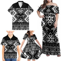 Personalised Taniko Motifs Aotearoa Family Matching Off Shoulder Maxi Dress and Hawaiian Shirt Waitangi Kowhaiwhai Kiwi - Monochrome