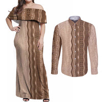 Vintage Beige Hawaiian Traditional Kapa Mix Flowers Lei Couples Matching Off Shoulder Maxi Dress and Long Sleeve Button Shirt