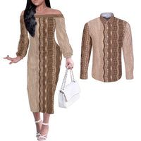 Vintage Beige Hawaiian Traditional Kapa Mix Flowers Lei Couples Matching Off The Shoulder Long Sleeve Dress and Long Sleeve Button Shirt