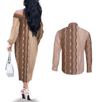 Vintage Beige Hawaiian Traditional Kapa Mix Flowers Lei Couples Matching Off The Shoulder Long Sleeve Dress and Long Sleeve Button Shirt