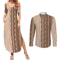 Vintage Beige Hawaiian Traditional Kapa Mix Flowers Lei Couples Matching Summer Maxi Dress and Long Sleeve Button Shirt