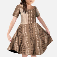 Vintage Beige Hawaiian Traditional Kapa Mix Flowers Lei Family Matching Off Shoulder Short Dress and Hawaiian Shirt
