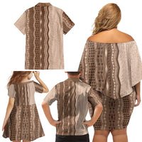 Vintage Beige Hawaiian Traditional Kapa Mix Flowers Lei Family Matching Off Shoulder Short Dress and Hawaiian Shirt