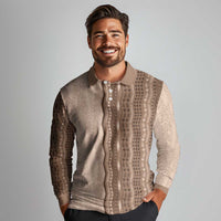 Vintage Beige Hawaiian Traditional Kapa Mix Flowers Lei Long Sleeve Polo Shirt