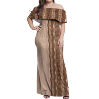 Vintage Beige Hawaiian Traditional Kapa Mix Flowers Lei Off Shoulder Maxi Dress