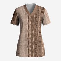 Vintage Beige Hawaiian Traditional Kapa Mix Flowers Lei Scrub Top