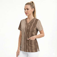 Vintage Beige Hawaiian Traditional Kapa Mix Flowers Lei Scrub Top