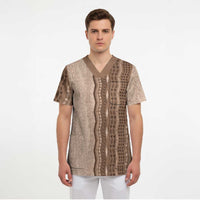 Vintage Beige Hawaiian Traditional Kapa Mix Flowers Lei Scrub Top