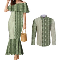 Vintage Sage Green Hawaiian Traditional Kapa Mix Flowers Lei Couples Matching Mermaid Dress and Long Sleeve Button Shirt
