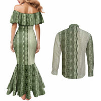 Vintage Sage Green Hawaiian Traditional Kapa Mix Flowers Lei Couples Matching Mermaid Dress and Long Sleeve Button Shirt